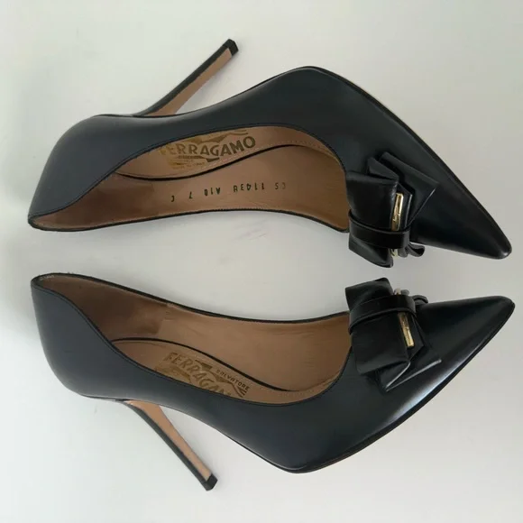 Salvatore Ferragamo Runa 100 Double Bow Leather Stiletto Heel Pointed Toe Pumps - Picture 6 of 14